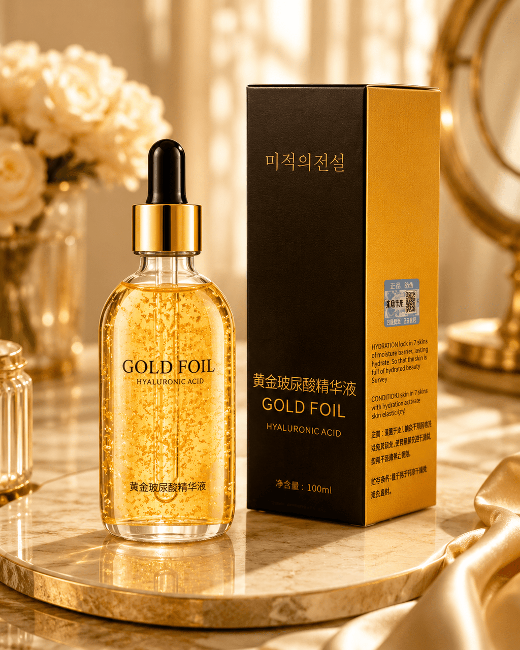 Flacone del siero viso dorato accanto a gocce di prodotto