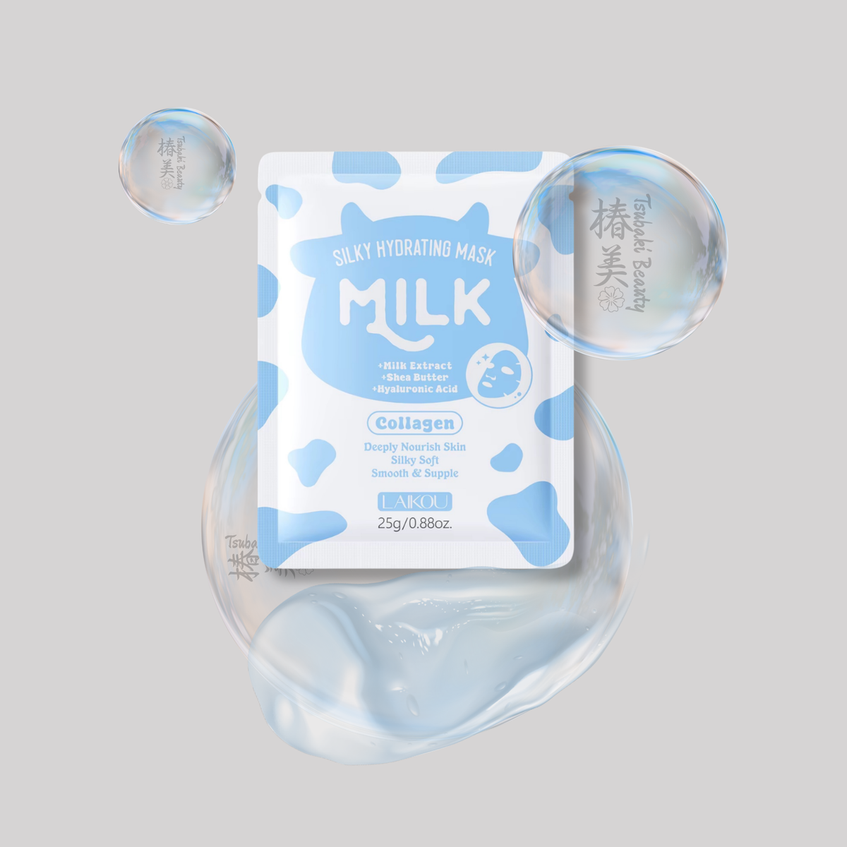 Maschera viso in tessuto al latte e collagene nella confezione
