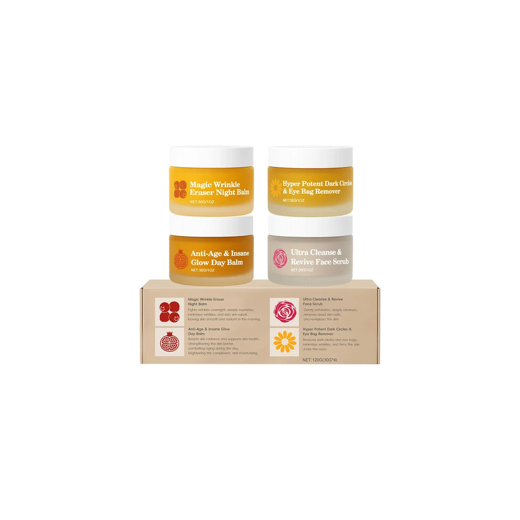 Confezione del set skincare da quattro pezzi con crema e scrub viso