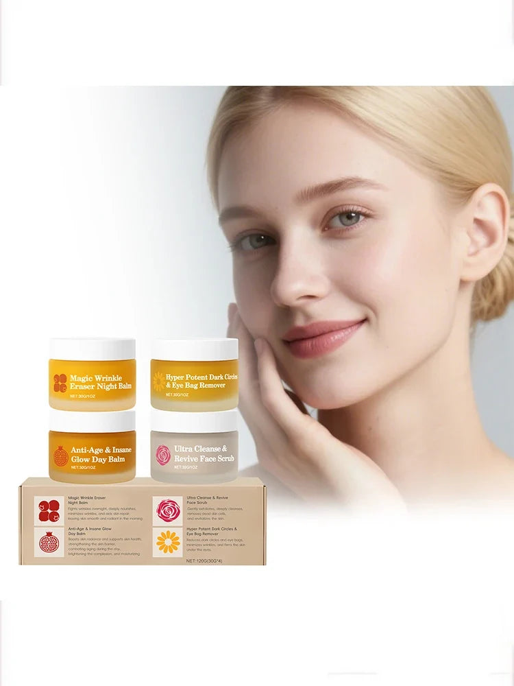 Set skincare con crema, crema contorno occhi e scrub viso