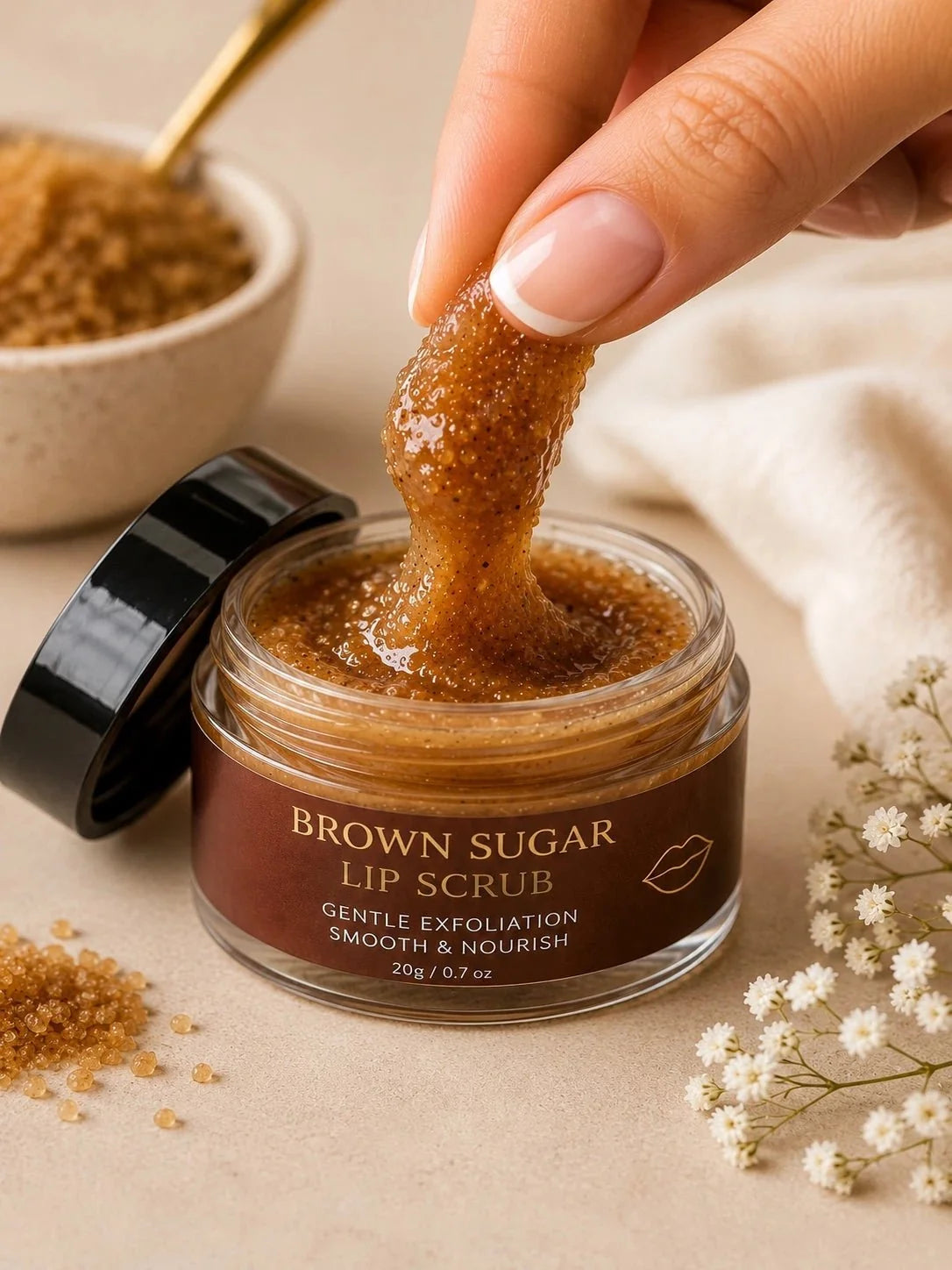 Scrub labbra allo zucchero di canna in confezione cosmetica